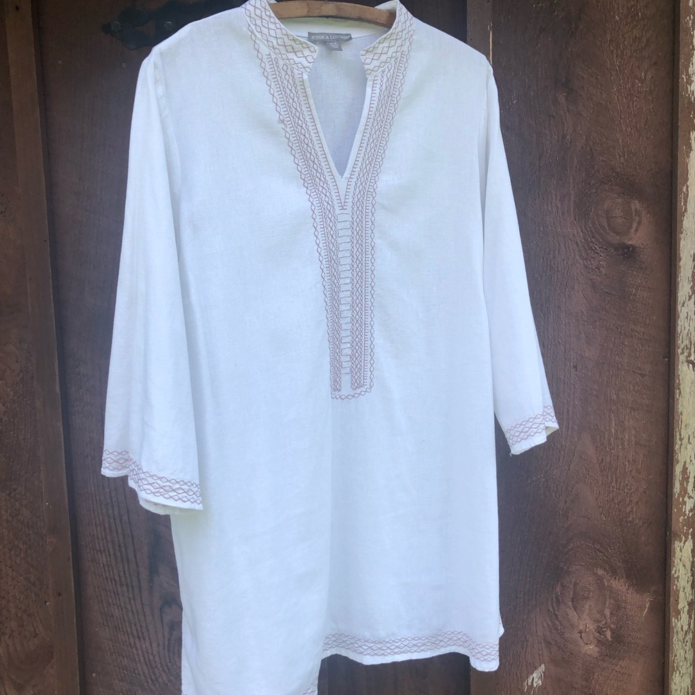 Jessica London White Tunic with Beige Embroidered Detailing
